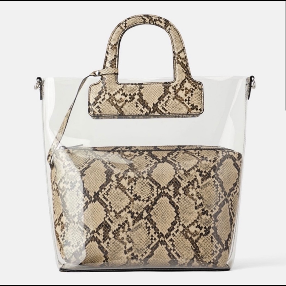 ZARA Vinyl and Animal Print Shopper Handbag Tote